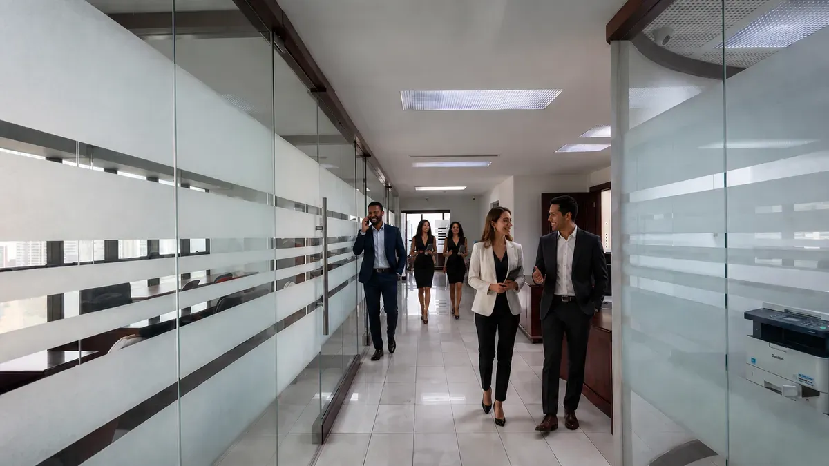 Ejecutivos caminando por el pasillo de la oficina de Kaplan Industry en Panamá