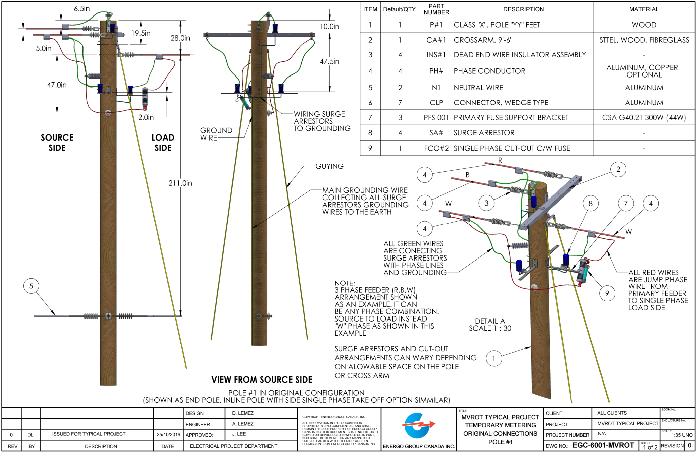 Installation drawing 1: pole #1 in original configuration with parts list