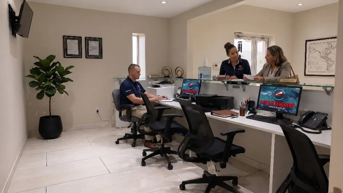 Empleados trabajando en la recepción de la oficina de Kaplan Industry en Florida