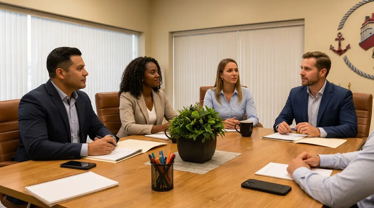 Equipo de profesionales en una reunión de mesa de conferencia de Kaplan Industry en Florida