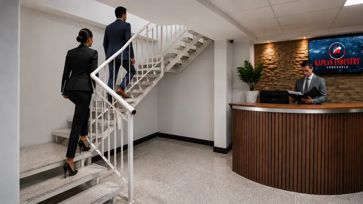 Ejecutivos subiendo las escaleras hacia la recepción de Kaplan Industry en Venezuela
