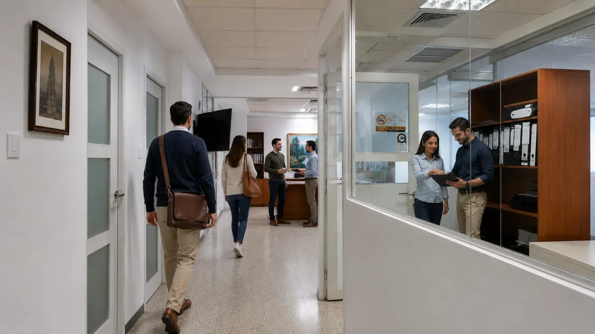 Personas conversando en el pasillo de las oficinas de Kaplan Industry en Venezuela