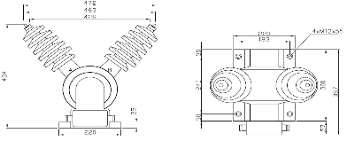 Dimensional drawing of the VTOP transformer in two views
